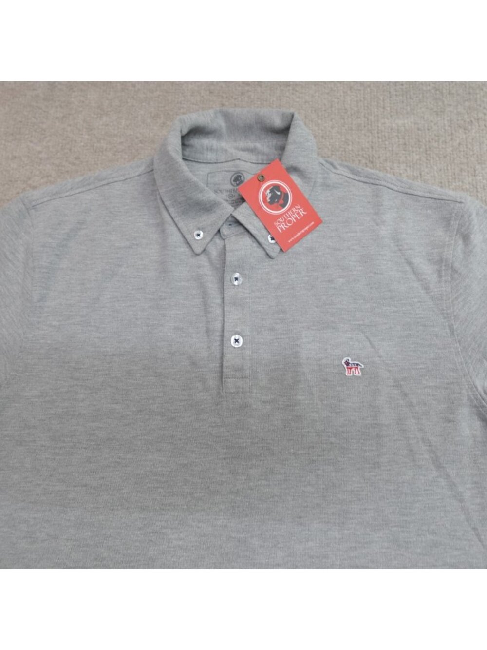 Southern Proper Polo Shirt Medium Gray Solid Embroidered Patriotic Dog NEW
